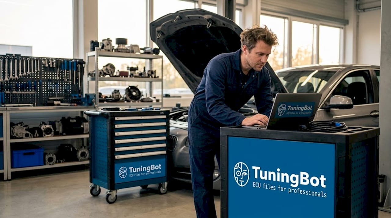 Técnico de reprogramación de ECUs para BMW en taller limpio