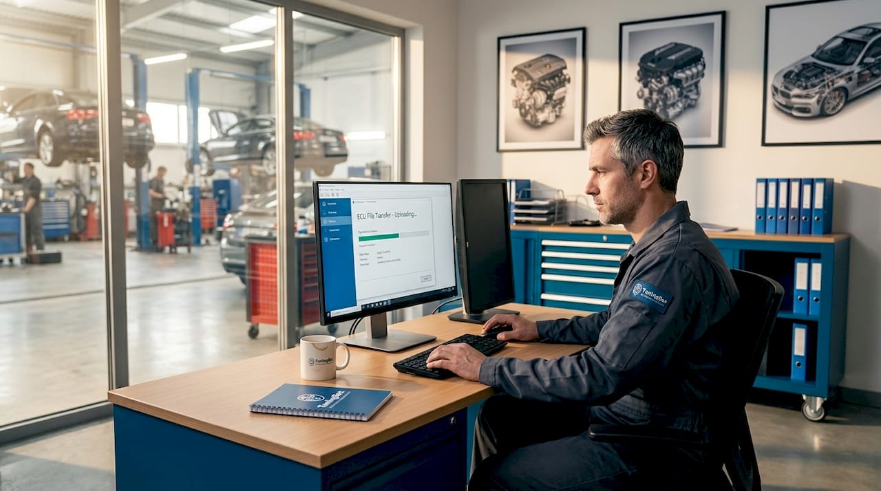 Workshop Technician Uploading Ecu File At Desk