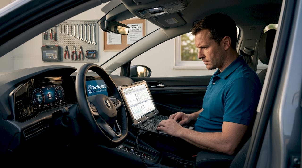 Technician Tunes Car With Laptop In Garage
