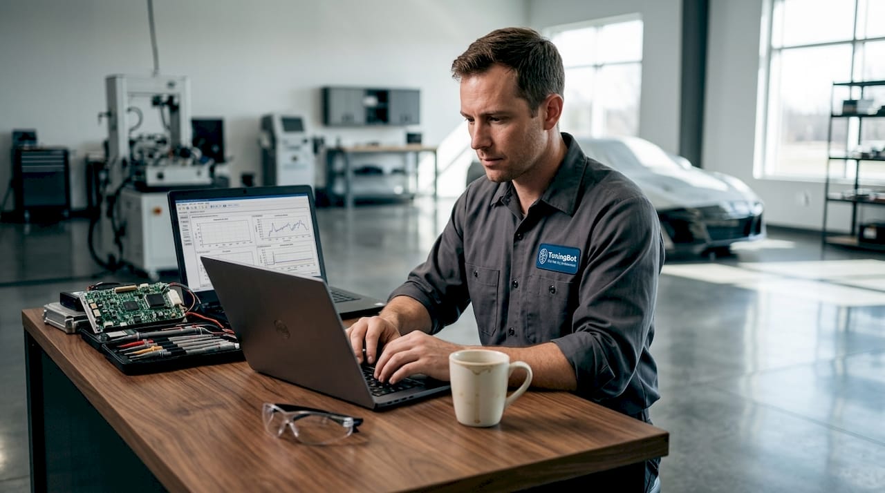 Technician Calibrates Ecu On Laptop In Lab