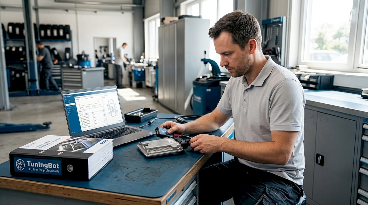 Technician Connecting Autotuner To Ecu In Workshop