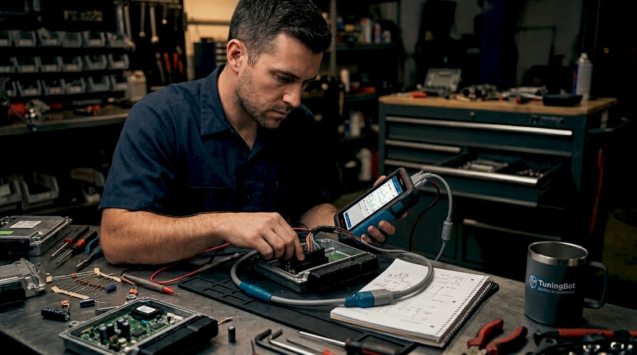 Engineer Connecting Diagnostic Tool To Ecu In Workshop