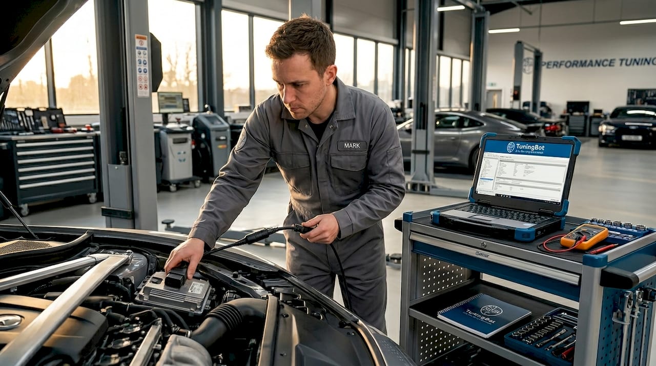Technician Tuning Vehicle Ecu In Workshop Bay