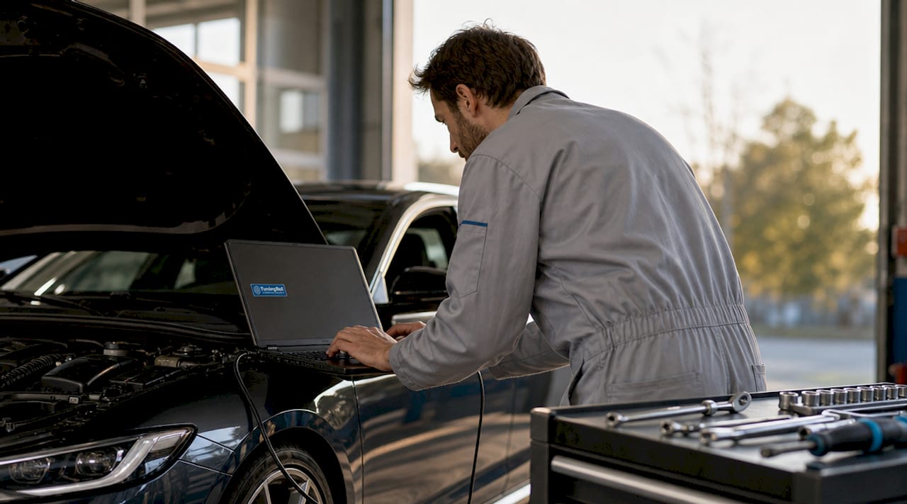 Technician Performing Stage 1 Ecu Tuning On Car