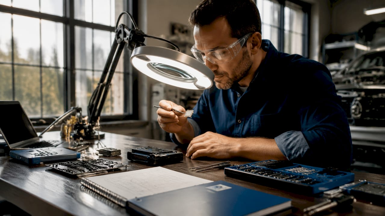 What Is The Microchip Inside An Ecu? Engineer Inspecting Ecu Microchip In Lab