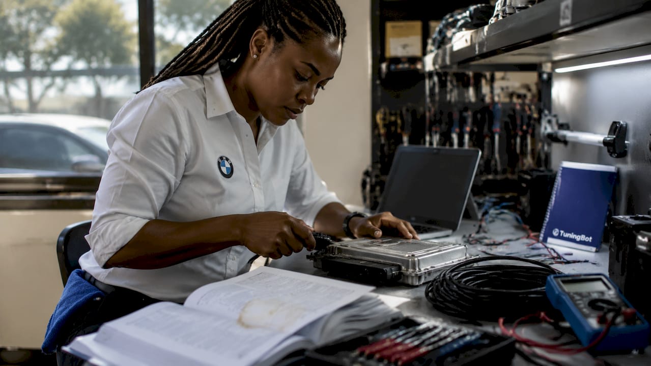 Technician Connecting Laptop To Bmw Ecu With Obd Adapter