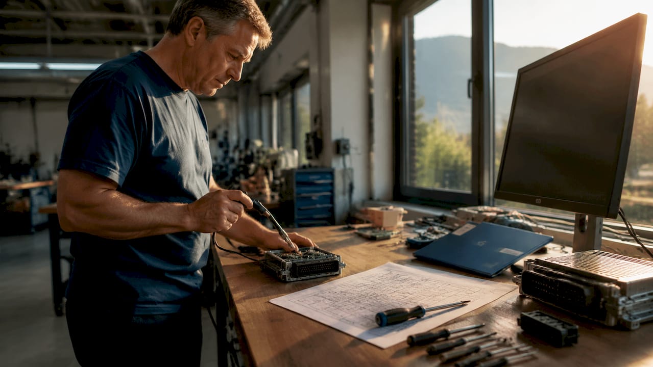 Technician Working On Ecu Remap Files At Workshop Bench