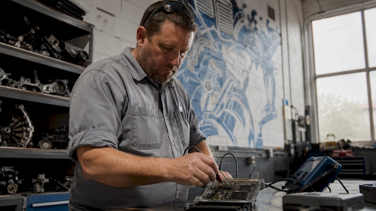 Technician Working On Ecu Remap In Garage