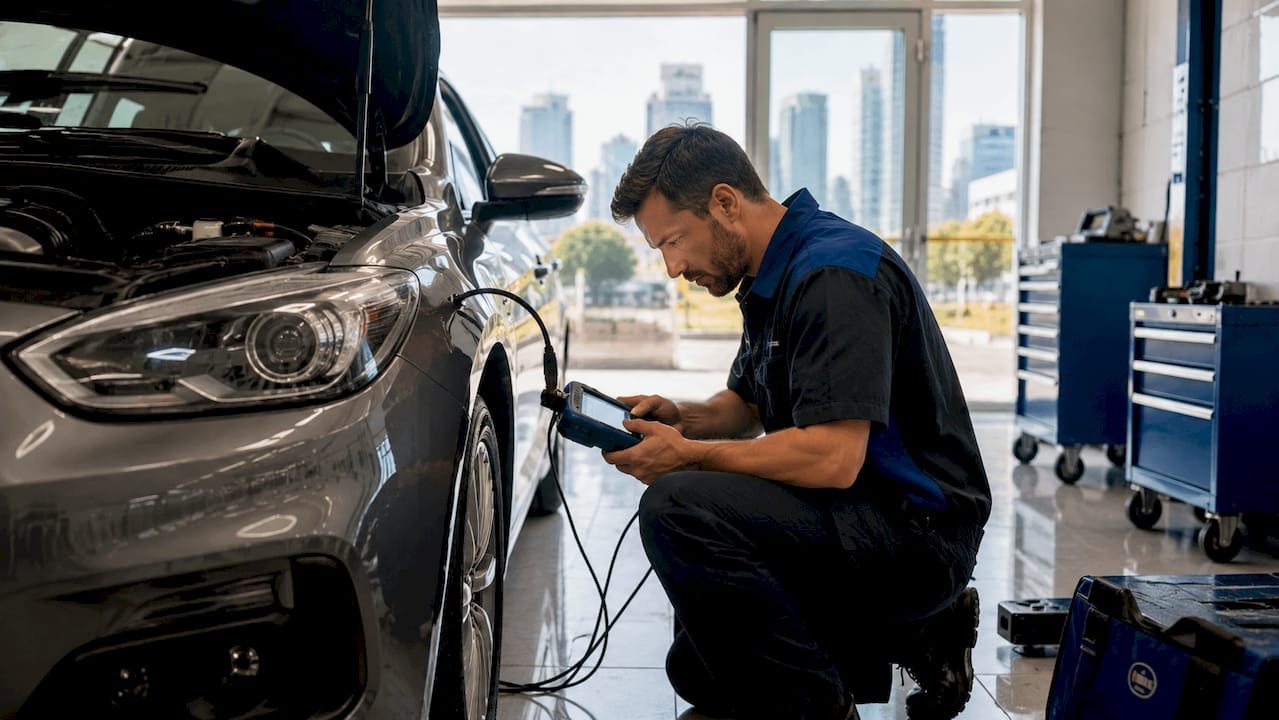 Tdi Engine Remapping: Performance Gains Explained Technician Diagnosing Tdi Engine Ecu In Garage