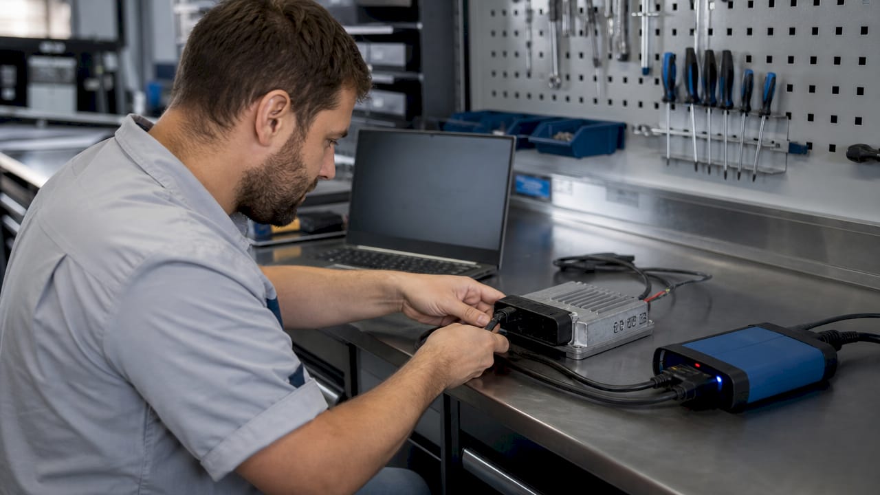 Technician Connecting Ecu With Autotuner Device