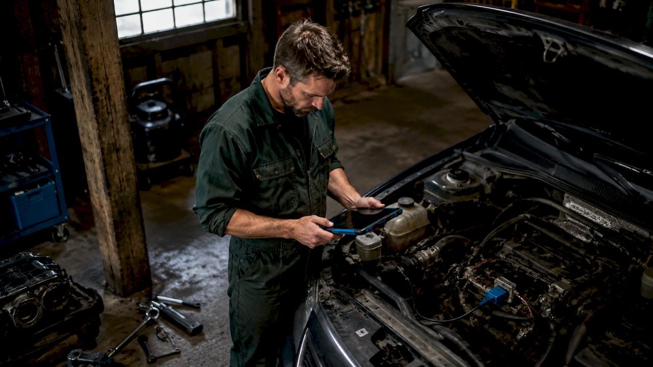 Technician Remapping Car Ecu In Garage