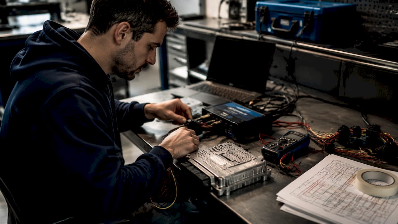 Technician Connecting Ecu To Bench Tuning Equipment
