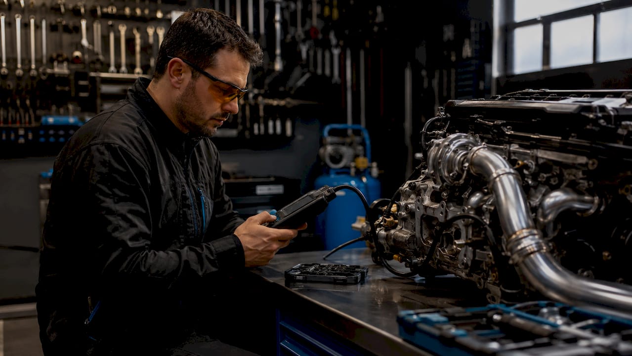 Engineer Calibrating Turbo Tuning Maps Using Ecu Device