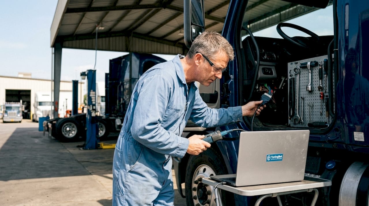 Technician Connecting Ecu Diagnostic Tool In Truck Workshop
