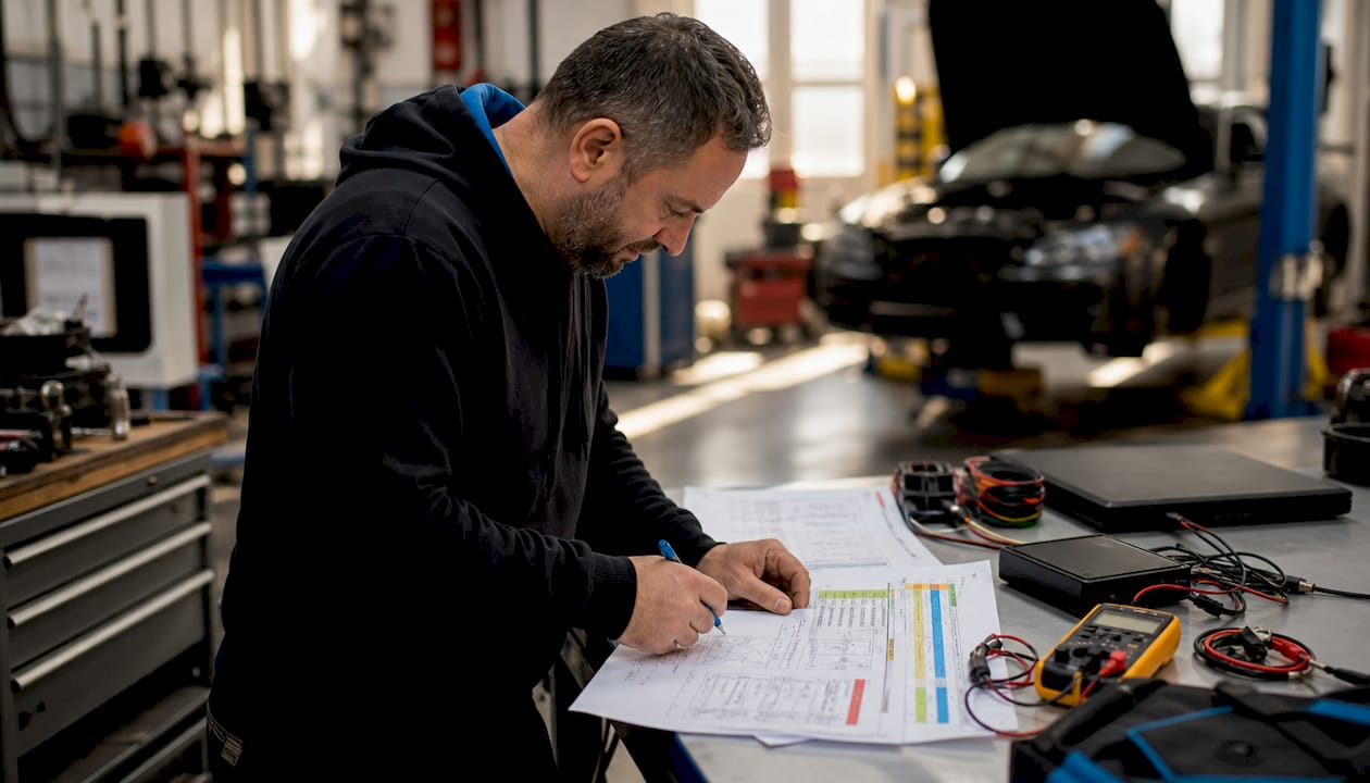 Euro 5 Engine Tuning: A Professional Guide For Tuners Tuner Reviewing Ecu Calibration Documents At Workbench