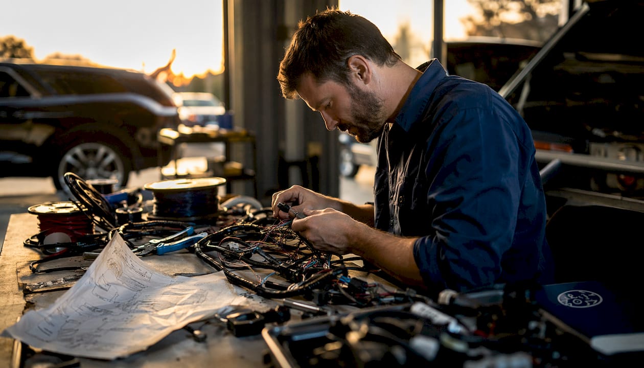 Technician Rebuilding Ecu Wiring Harness At Workbench