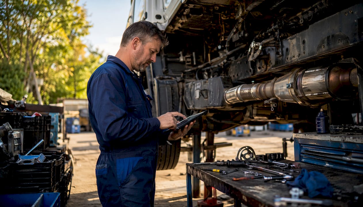 Dpf Off Calibration Steps: A Professional Workshop Guide Technician Checking Ecm Data Beside Lifted Truck In Workshop