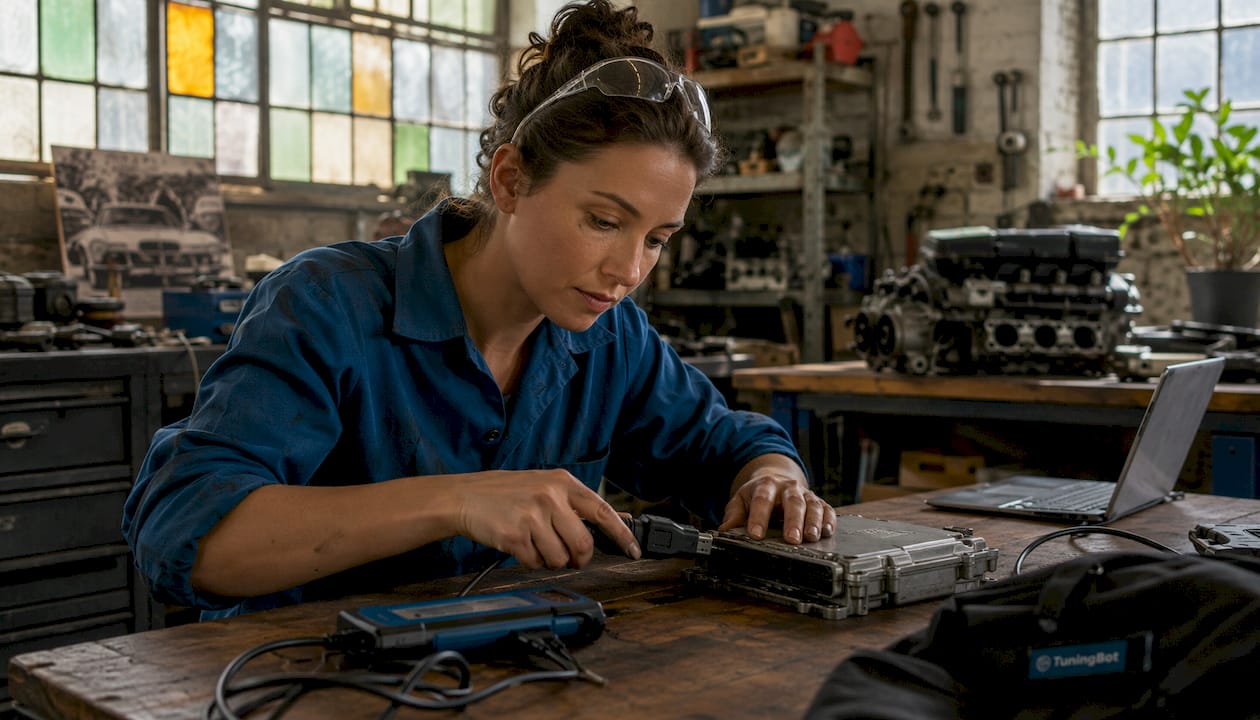Technician Connecting Ecu Diagnostic Tool In Workshop
