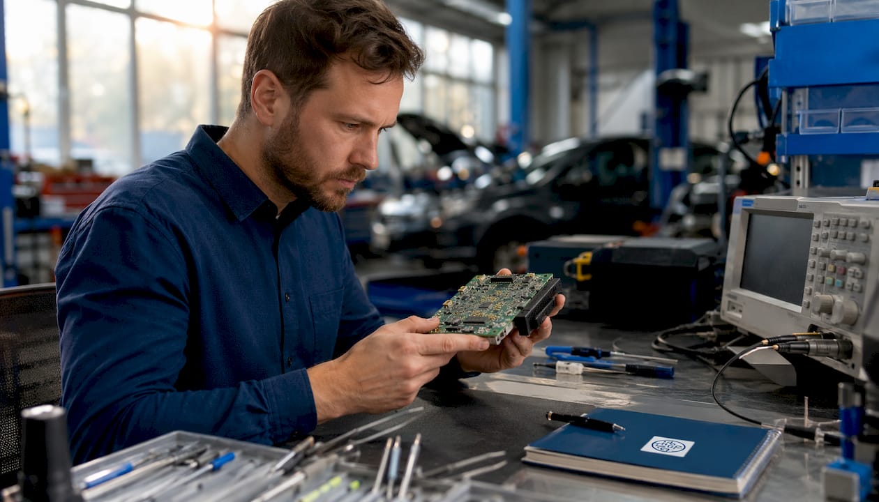 Engineer Inspecting Ecu Circuit Board