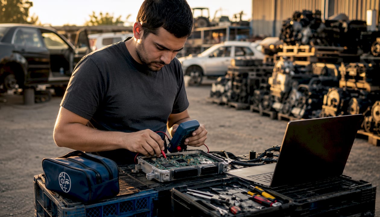 Ecu-Datei Sicherheit – Bewährte Verfahren für professionelle Tuner Autotuner arbeitet an einem ECU-Gerät auf einer Werkbank