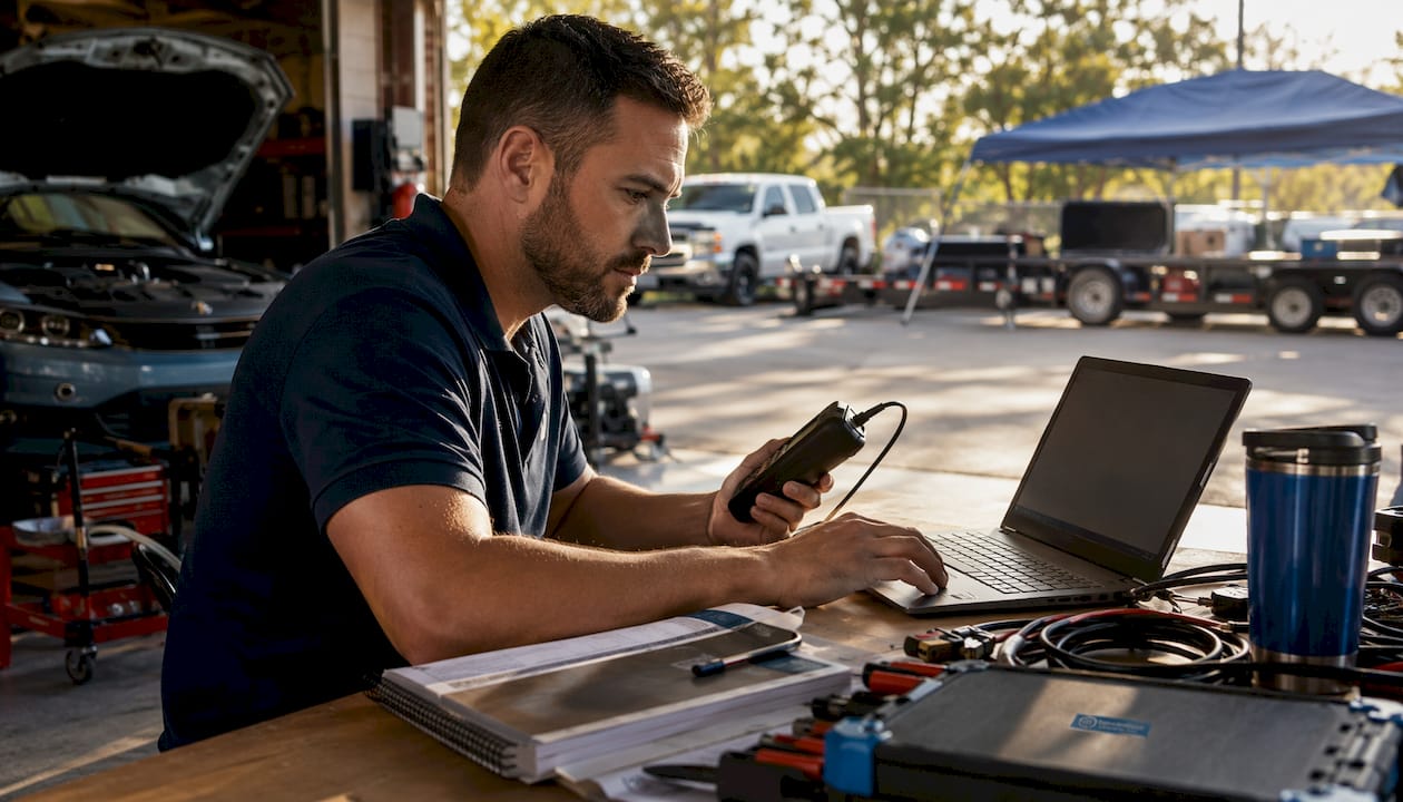 Beste Tuningfiles.com Alternativen für professionelle Tuner Professioneller ECU-Tuner bei der Arbeit in einer Werkstatt
