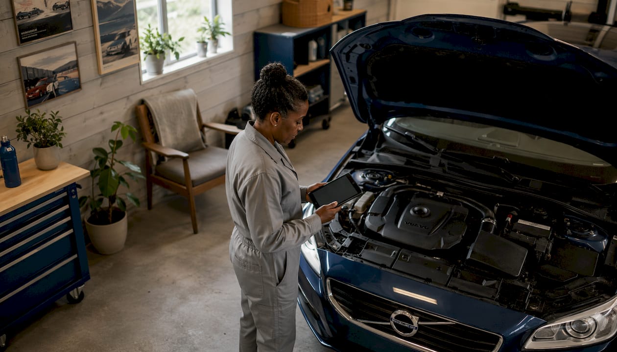 Skandinavische Fahrzeug-Chiptuning-Typen: Volvo & Saab Leitfaden Mechaniker inspiziert Volvo-Motor zum Chiptuning