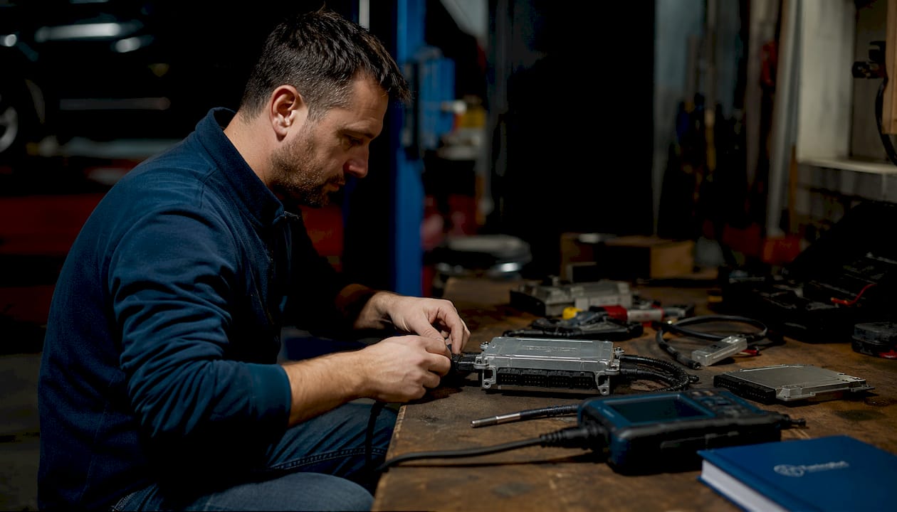 Technicien connectant l'ECU à un appareil de réglage
