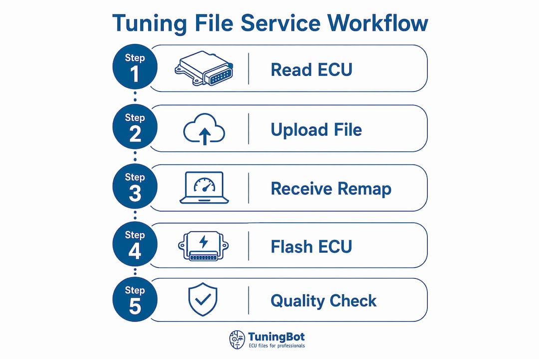 Alternatives à Rg-Racing-Sp.com pour les tuners Pro Ecu Infographic Showing Tuning File Service Workflow Steps