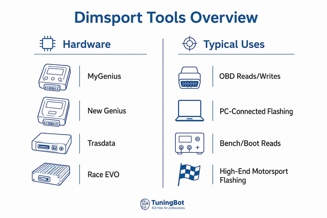 Guida allo strumento di tuning Dimsport per officine professionali Infographic Comparing Dimsport Tools With Typical Uses