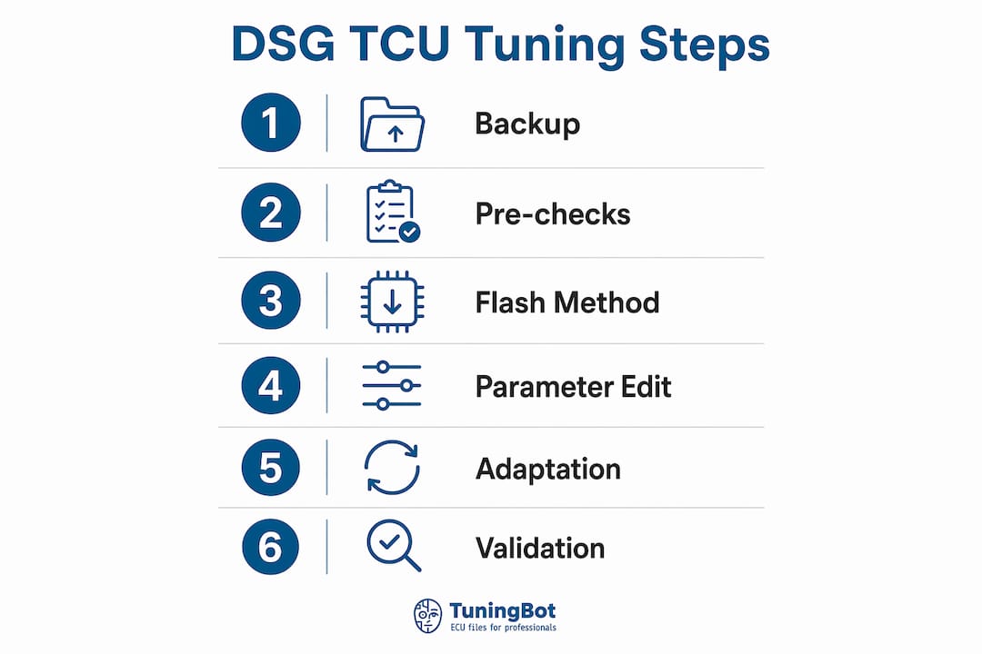 Procedura di rimappatura della TCU DSG: Guida d'officina per professionisti Infographic Showing Dsg Tcu Tuning Workflow Steps