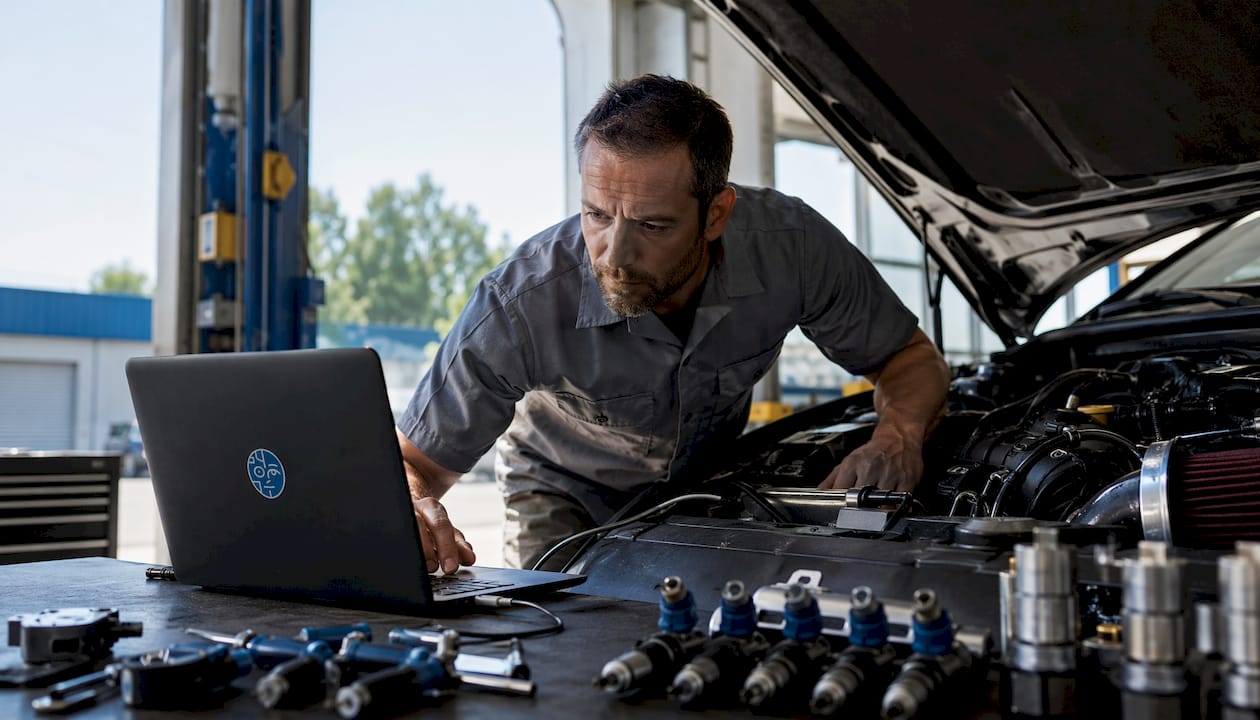 Autotuner arbeitet an E85-Kennfeldoptimierung in Garage
