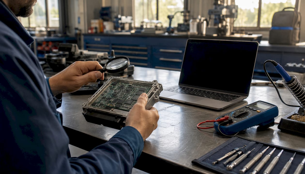 Tecnico d'officina che controlla l'identificazione della centralina prima della rimappatura OBD