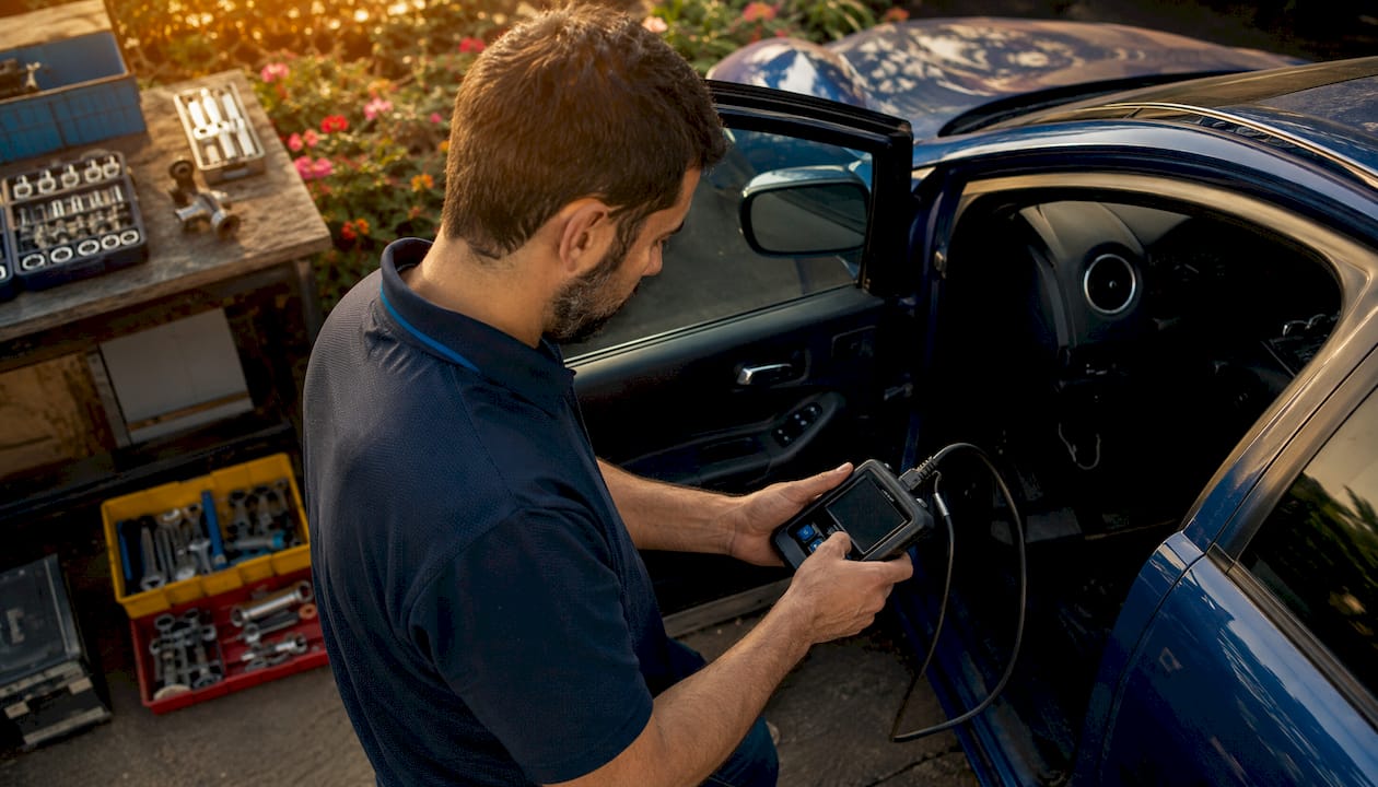 OBD-Tuning erklärt: Methoden, Leistungssteigerungen und Risiken Techniker verwendet OBD-II-Gerät an der Fahrzeugdiagnosebuchse