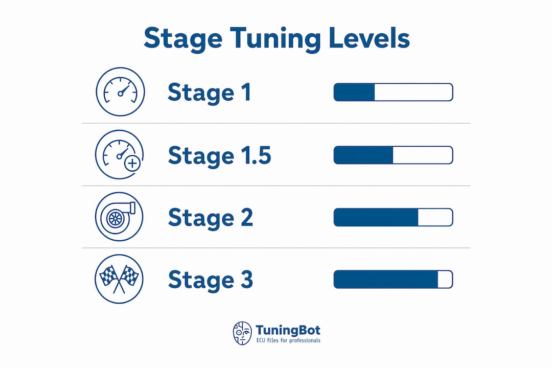 La rimappatura a stadi spiegata: cosa significa realmente ogni livello Infographic Showing Tuning Stages Overview