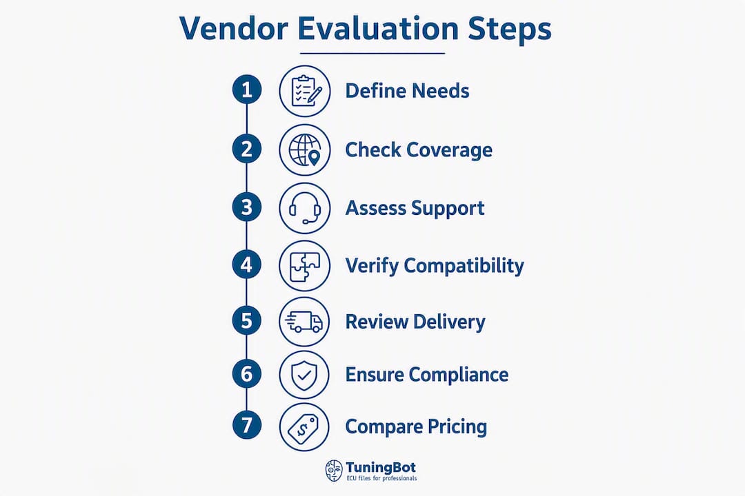 Le migliori aziende di tuning automobilistico per officine specializzate in ECU/TCU Infographic Outlining Vendor Evaluation Steps
