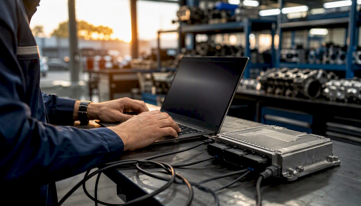 Hands Adjusting Ecu Settings On Laptop
