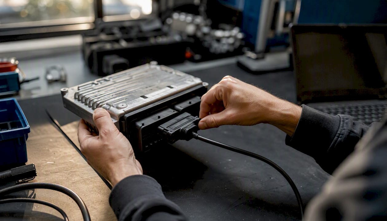 Technician Connecting Cable To Ecu In Workshop