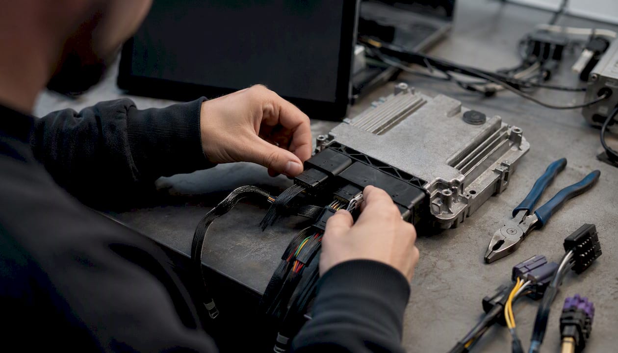 Hands Connecting Cables To An Ecu On A Workshop Bench