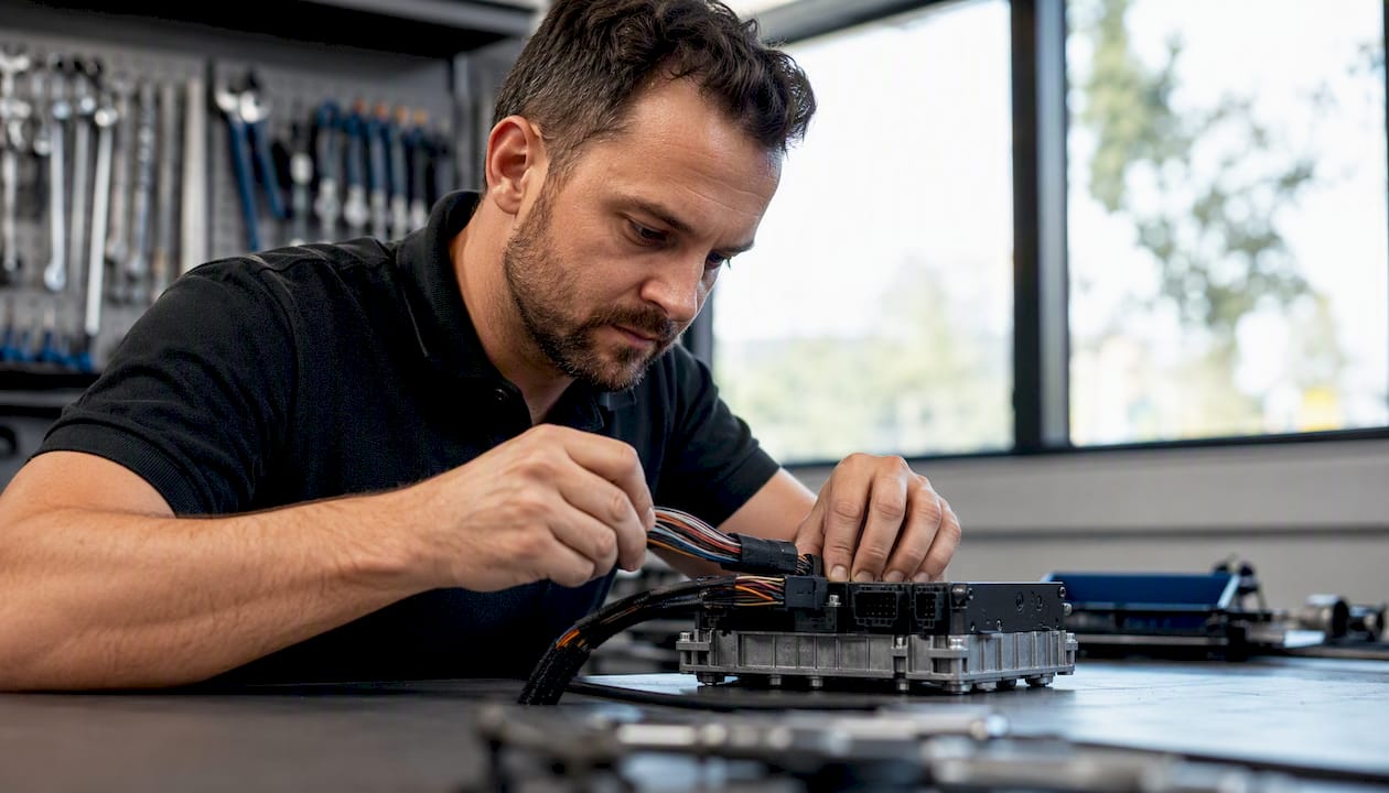 Hands Reconnecting Zf Tcu Wiring In Workshop