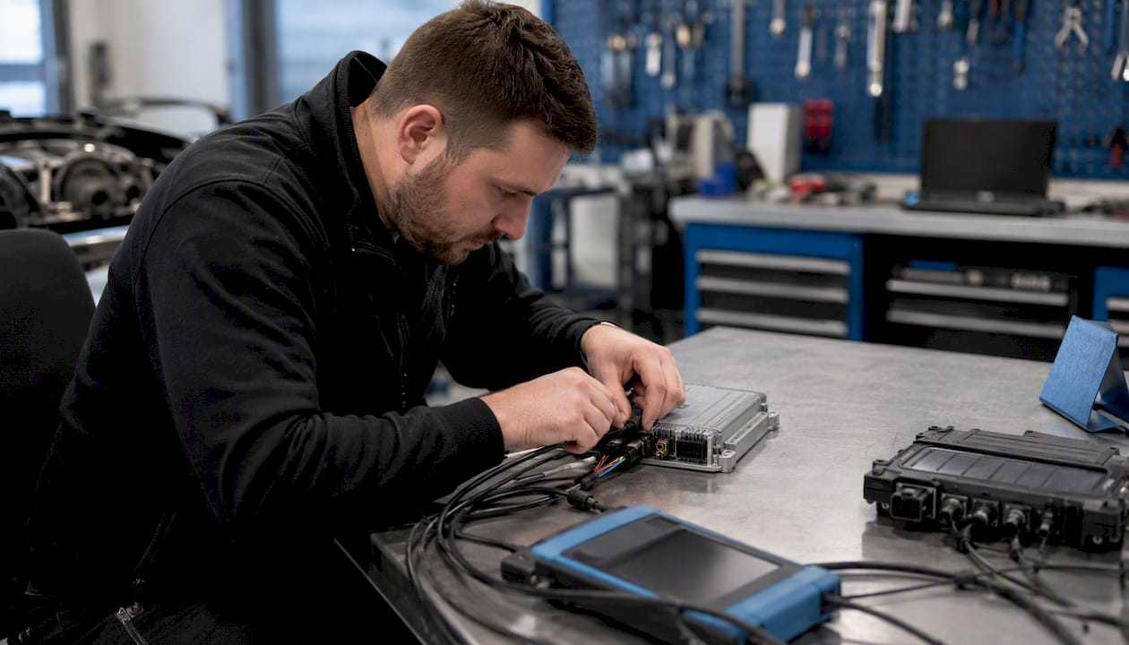 Technician Connecting Ecu Cables On Workshop Bench
