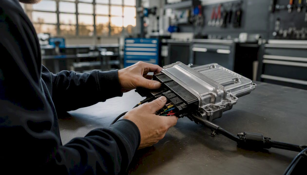 Hands Connecting Cables To A Denso Ecu In Tuning Workshop
