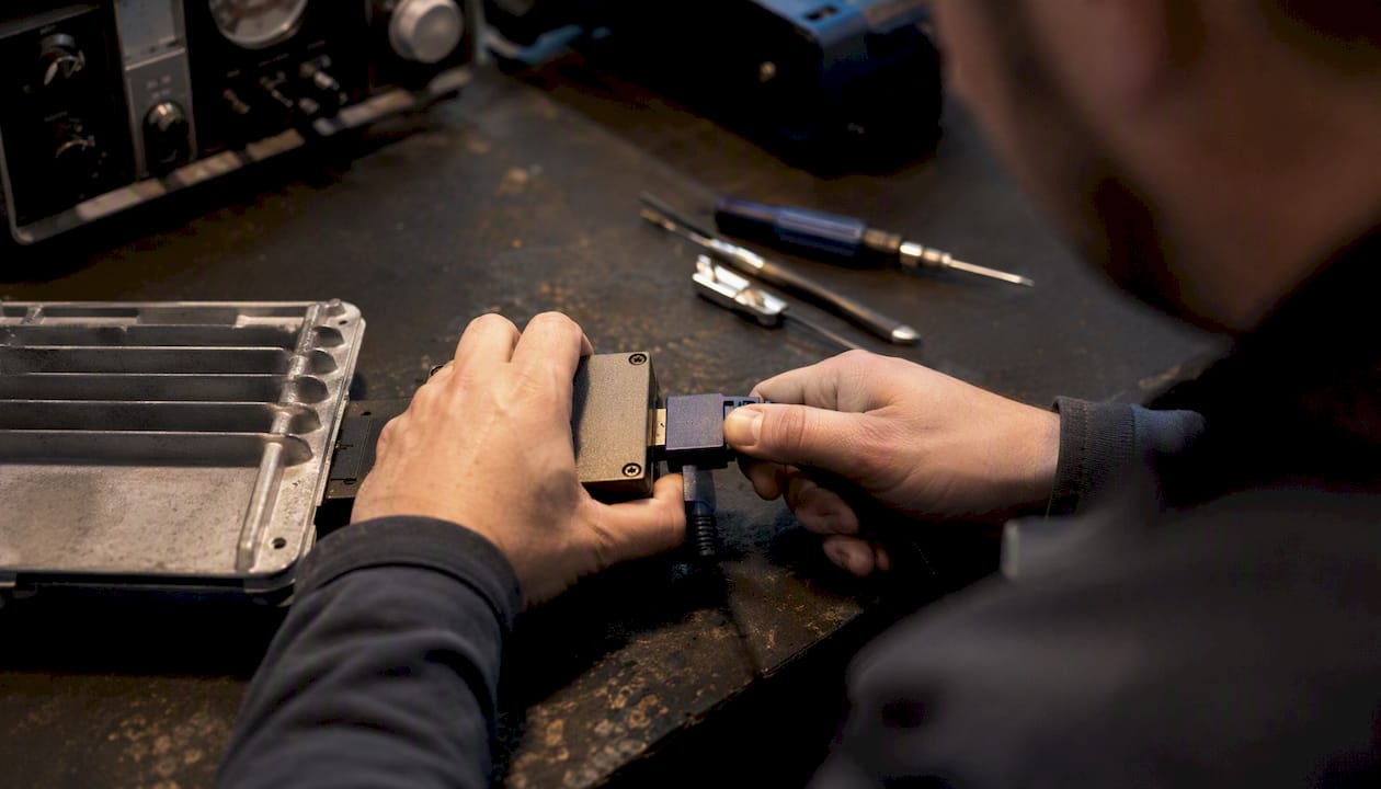 Hands Preparing Denso Ecu Flashing Tools On Bench