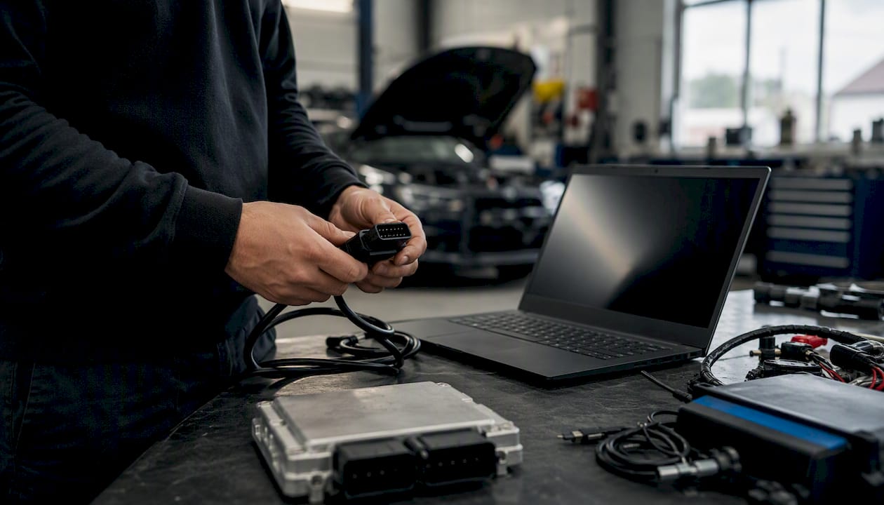 Hands Preparing Ecu Upload Cables On Workbench
