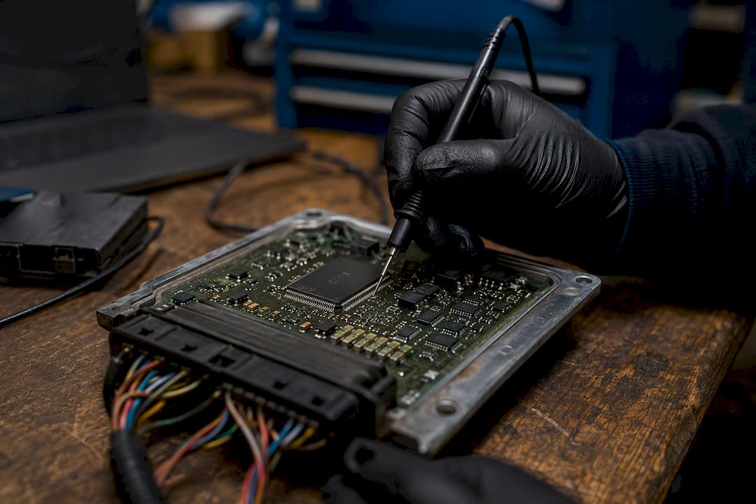 Close-Up Of Ecu Circuit And Probe During Flash