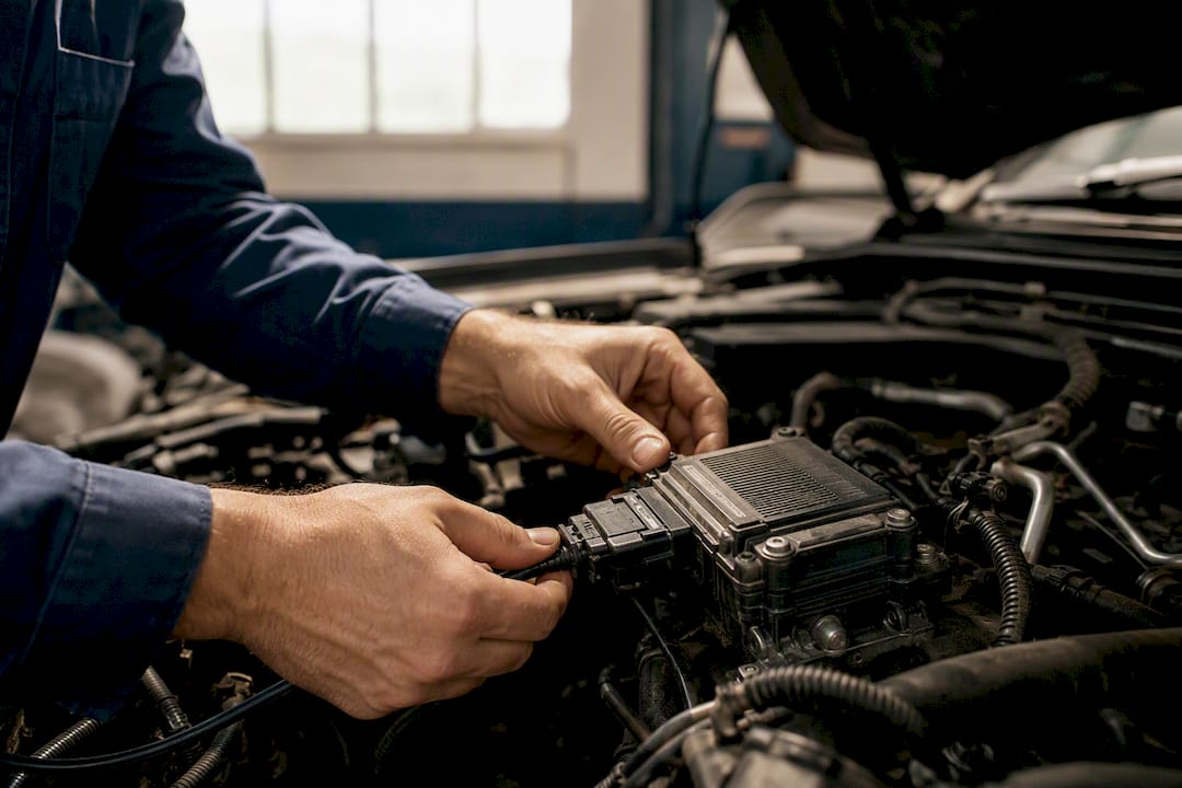 Euro 5 Diesel Remap Guide For Tuners: Map-Level Workflow Technician Connecting Datalogging Device Under Hood