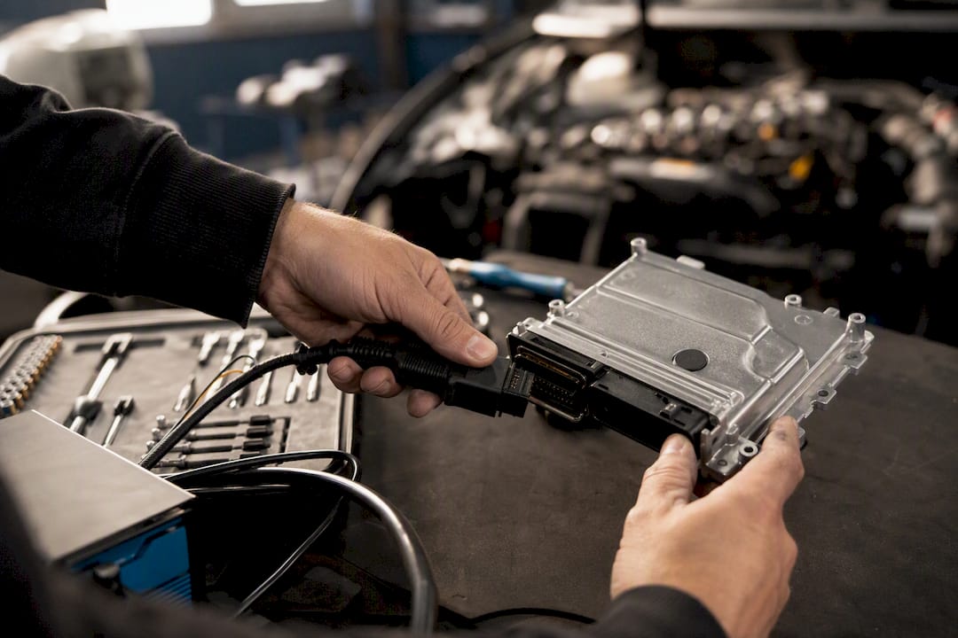 Hands Connecting Tuning Interface To Audi Tfsi Ecu