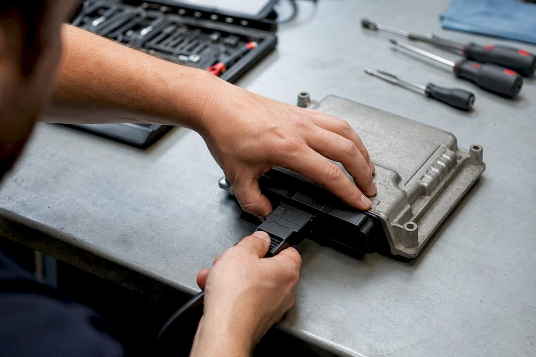 Technician Connecting Cable To Delphi Dcm6.2 Ecu