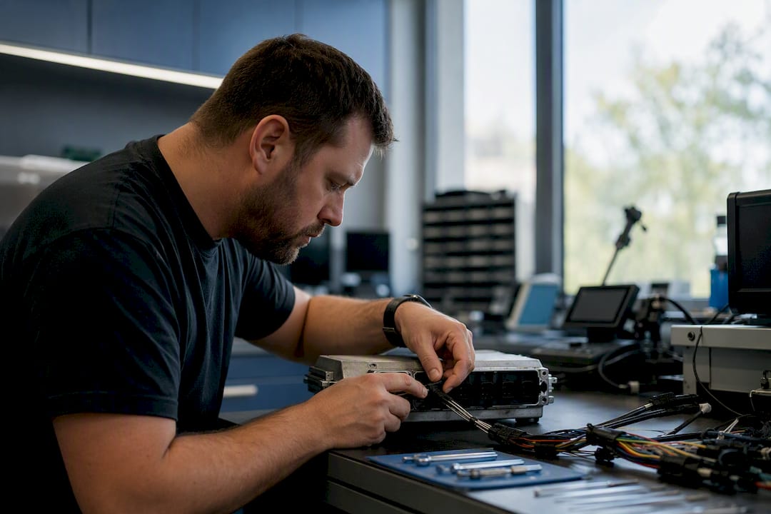 Hands Adjusting Ecu Hardware In Workshop