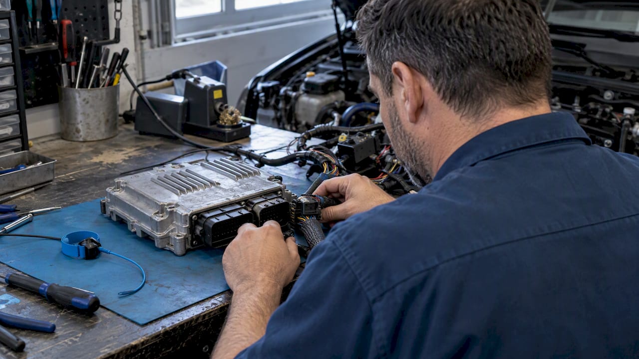 Dcm6.2 Tuning: Identification, File Integrity And Logs Dcm6.2 Tuning: Technician Inspecting Ecu Connections