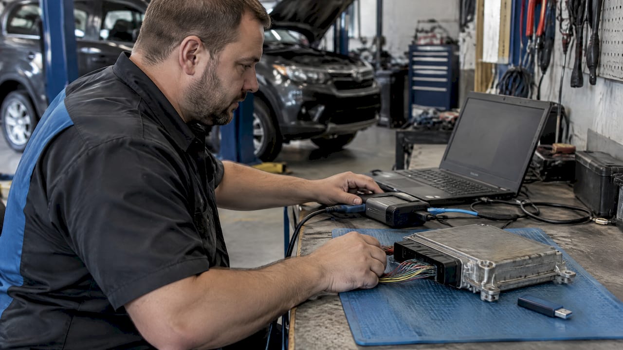 Pcmflash Bootloader Tuning: Access And File Checks Pcmflash Bootloader Tuning: Technician Preparing An Ecu Bench Setup